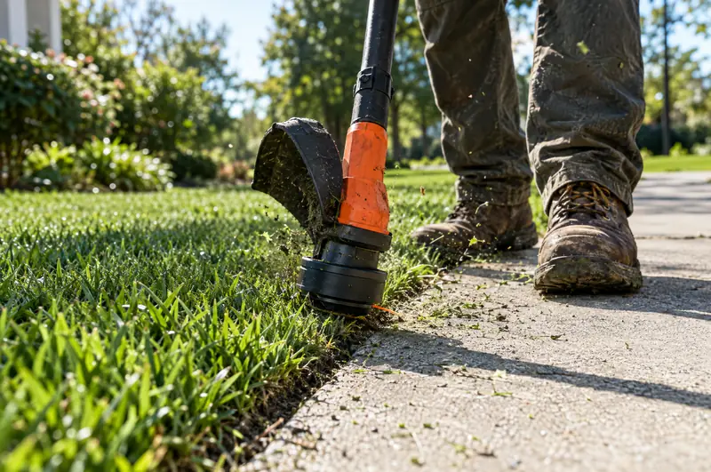 Close-up of a string trimmer cutting a sharp edge where the lawn meets a concrete sidewalk, grass clippings flying