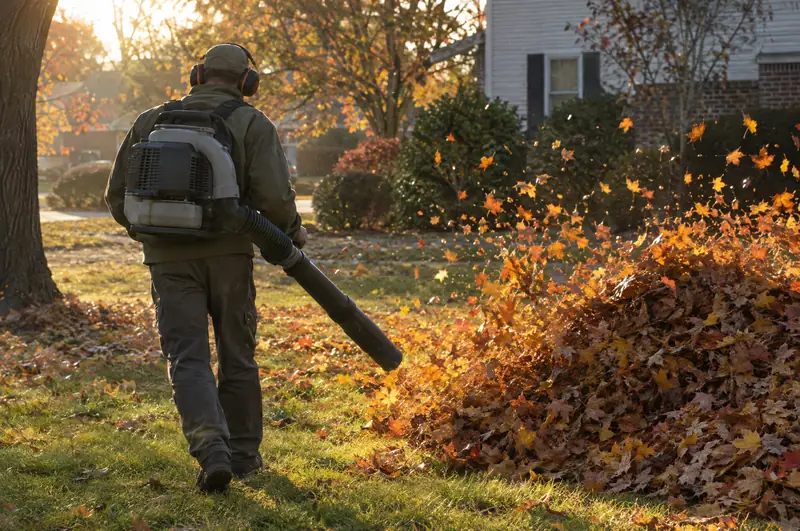A crew member with a backpack blower, back to the camera, pushing a wave of orange autumn leaves into a pile at golden hour
