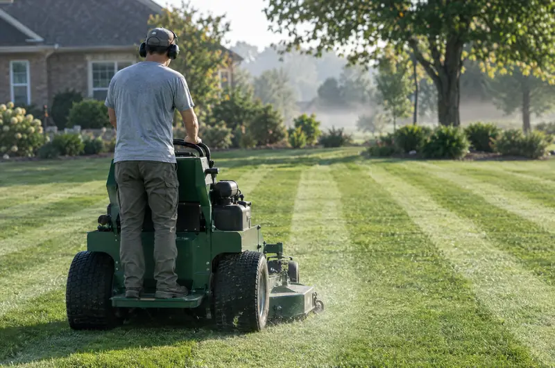 A crew member on a stand-on mower, seen from behind, laying fresh light and dark stripes across a front lawn in morning mist