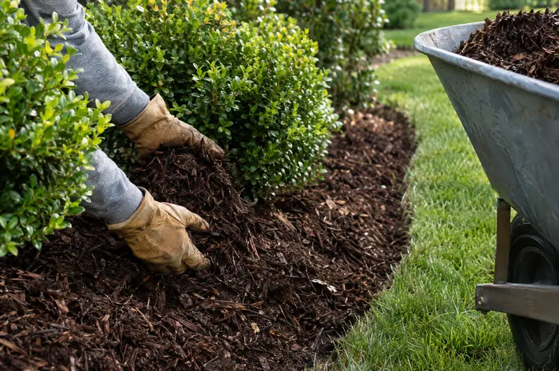 Gloved hands spreading dark hardwood mulch around trimmed boxwoods, with a wheelbarrow of mulch beside a freshly edged lawn